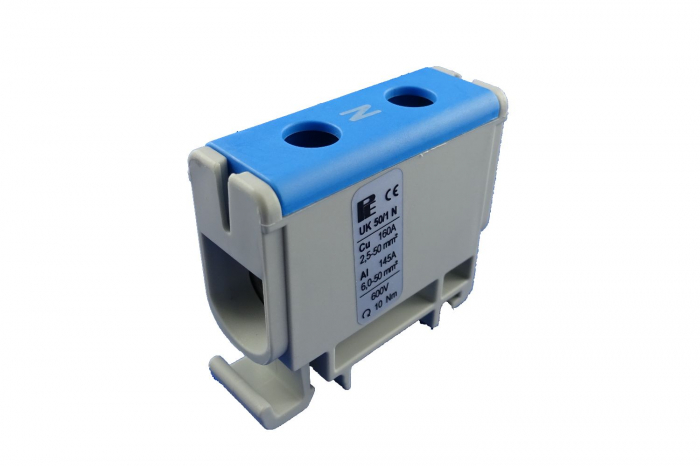 Clema terminala conexiune 1 pol albastra Cu-Al 2x50mm²​​​​​​​ montare pe sina DIN 35mm 145A (Al) 160A ( Cu) [1]