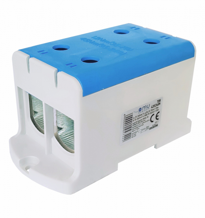 Clema terminala conexiune 1 pol albastra Cu-Al 4 gauri 35-240mm²​​​​​​​ montare pe sina DIN 35mm 380A (Al) 425A ( Cu) cu surub imbus [1]