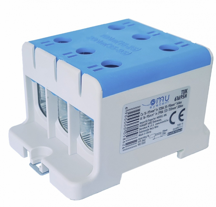 Clema terminala conexiune 1 pol albastra Cu-Al 6 gauri 16-95mm²​​​​​​​ montare pe sina DIN 35mm 290A (Al) 320A ( Cu) cu surub imbus [1]