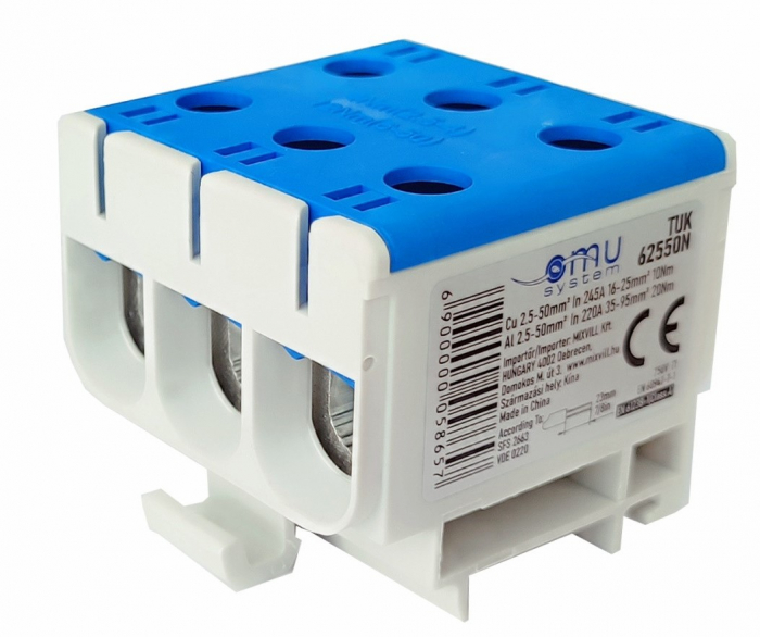Clema terminala conexiune 1 pol albastra Cu-Al 6 gauri 2.5-50mm²​​​​​​​ montare pe sina DIN 35mm 220A (Al) 245A ( Cu) cu surub imbus [1]
