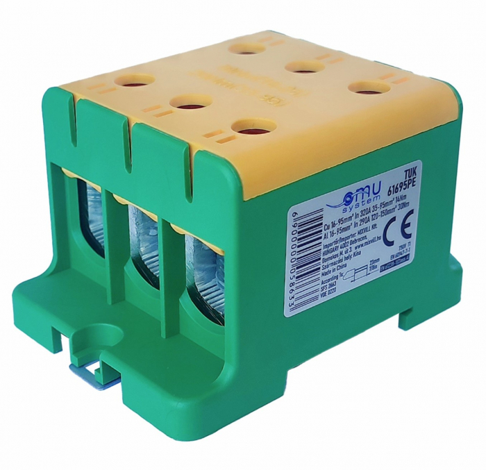 Clema terminala conexiune 1 pol galben - verde Cu-Al 6 gauri 16-95mm²​​​​​​​ montare pe sina DIN 35mm 290A (Al) 320A ( Cu) cu surub imbus [1]