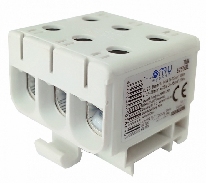 Clema terminala conexiune 1 pol gri Cu-Al 6 gauri 2.5-50mm²​​​​​​​ montare pe sina DIN 35mm 220A (Al) 245A ( Cu) cu surub imbus [1]
