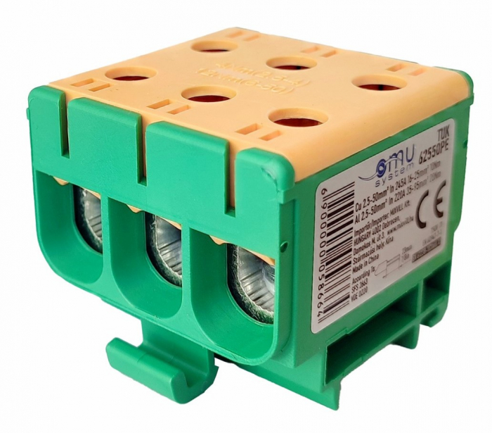 Clema terminala conexiune 1 pol verde Cu-Al 6 gauri 2.5-50mm²​​​​​​​ montare pe sina DIN 35mm 220A (Al) 245A ( Cu) cu surub imbus [1]
