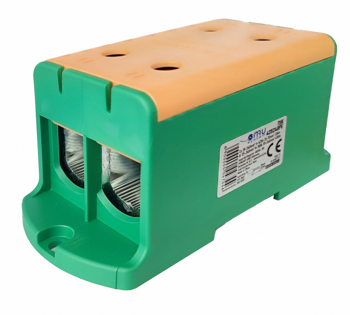 Clema terminala conexiune 1 pol verde - galben Cu-Al 4 gauri 35-240mm²​​​​​​​ montare pe sina DIN 35mm 380A (Al) 425A ( Cu) cu surub imbus [1]