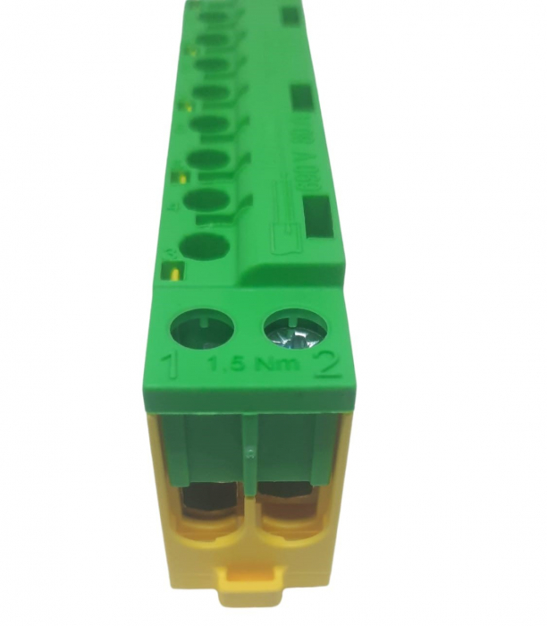 Clema terminala galben-verde PE 80A 690V 2x1,5 - 10/16 mm² si 8 x 1,5 - 6 mm² derivatie distributie impamantare, montare pe sina [5]