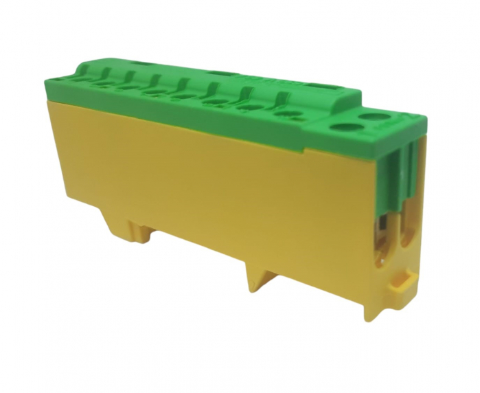 Clema terminala galben-verde PE 80A 690V 2x1,5 - 10/16 mm² si 8 x 1,5 - 6 mm² derivatie distributie impamantare, montare pe sina [1]