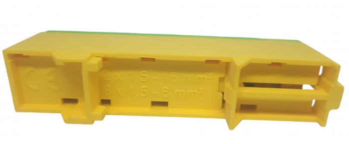 Clema terminala galben-verde PE 80A 690V 2x1,5 - 10/16 mm² si 8 x 1,5 - 6 mm² derivatie distributie impamantare, montare pe sina [4]
