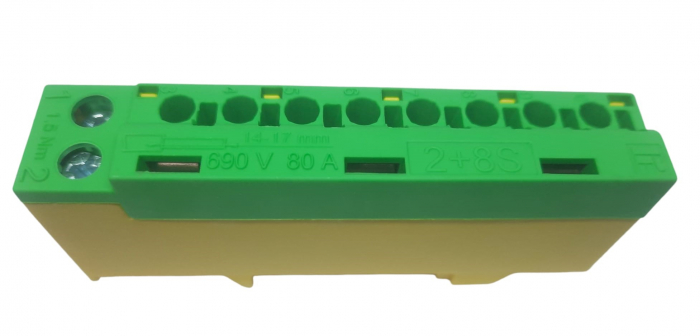 Clema terminala galben-verde PE 80A 690V 2x1,5 - 10/16 mm² si 8 x 1,5 - 6 mm² derivatie distributie impamantare, montare pe sina [3]