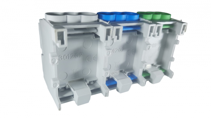 Cleme de distributie derivatie pentru conexiuni monofazice 25mm²/35mm² Cu-Al montaj pe sina DIN 100A [3]