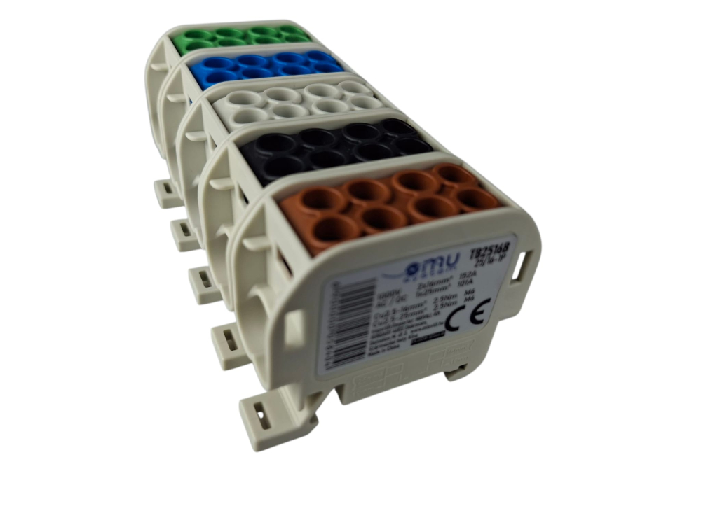Cleme de distributie derivatie pentru conexiuni trifazice 25mm²/16mm² Cu-Al montaj pe sina DIN 152A 4 intrari per pol/clema [4]