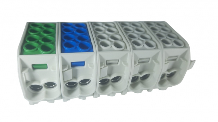 Cleme de distributie derivatie pentru conexiuni trifazice 25mm²/16mm² Cu-Al montaj pe sina DIN 152A 4 intrari per pol/clema [4]