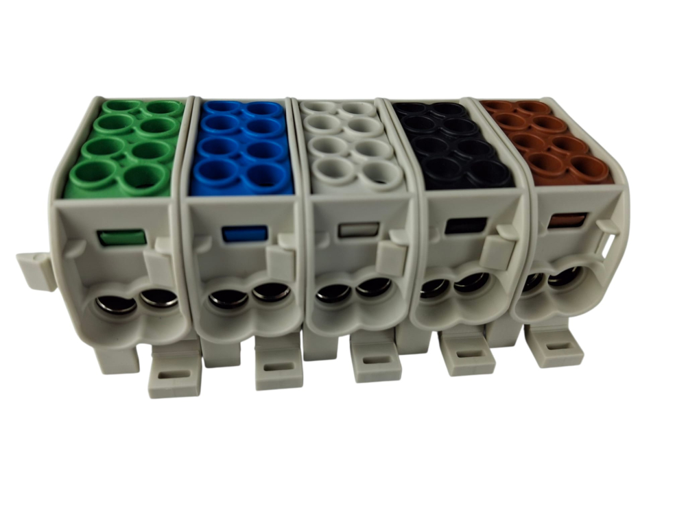 Cleme de distributie derivatie pentru conexiuni trifazice 25mm²/16mm² Cu-Al montaj pe sina DIN 152A 4 intrari per pol/clema [3]