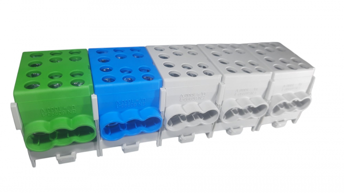 Cleme de distributie derivatie pentru conexiuni trifazice 25mm²/35mm² Cu-Al montaj pe sina DIN 100A 6 intrari per pol/clema [2]