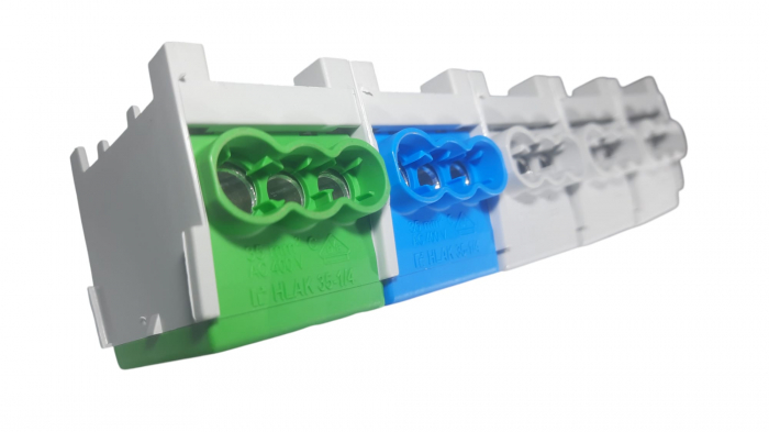Cleme de distributie derivatie pentru conexiuni trifazice 25mm²/35mm² Cu-Al montaj pe sina DIN 100A 6 intrari per pol/clema [6]