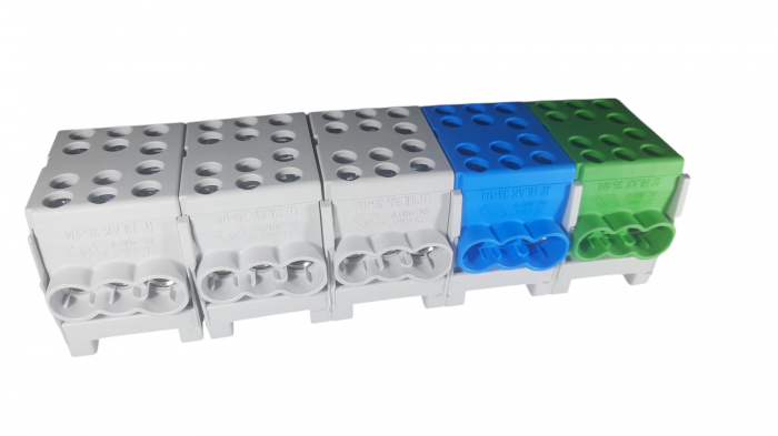 Cleme de distributie derivatie pentru conexiuni trifazice 25mm²/35mm² Cu-Al montaj pe sina DIN 100A 6 intrari per pol/clema [1]