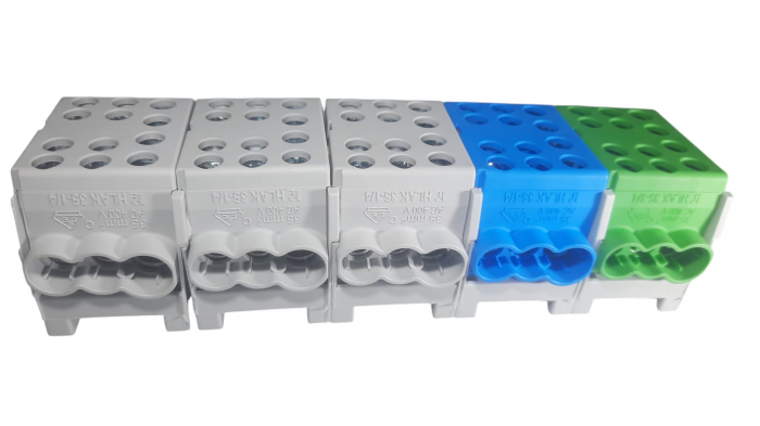 Cleme de distributie derivatie pentru conexiuni trifazice 25mm²/35mm² Cu-Al montaj pe sina DIN 100A 6 intrari per pol/clema [3]