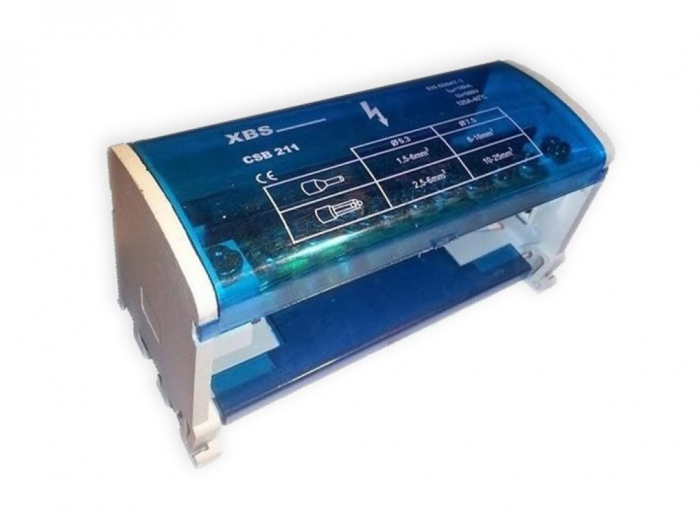 Distribuitor conexiuni 2 poli cu 11 gauri 125A 500V 100x51x45mm prindere pe sina DIN [1]