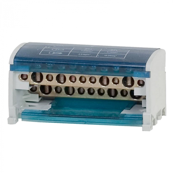 Distribuitor conexiuni 2 poli cu 11 gauri 125A 500V 100x51x45mm prindere pe sina DIN [2]