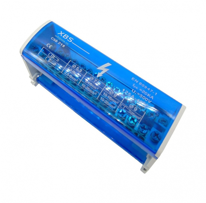Distribuitor conexiuni 2 poli cu 15 gauri 125A 500V 132x51x45mm prindere pe sina DIN [4]