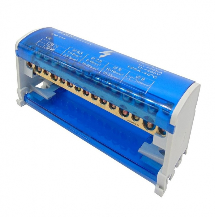 Distribuitor conexiuni 2 poli cu 15 gauri 125A 500V 132x51x45mm prindere pe sina DIN [1]