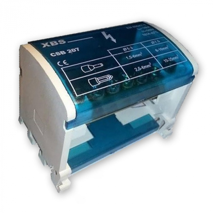 Distribuitor conexiuni 2 poli cu 7 gauri 100A 500V 65x51x45mm prindere pe sina DIN [1]