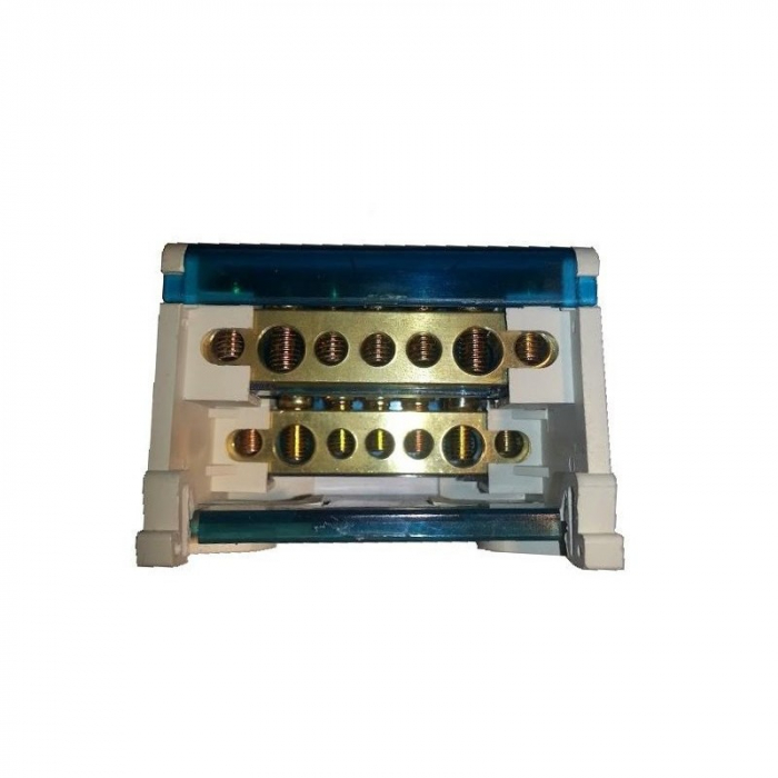Distribuitor conexiuni 2 poli cu 7 gauri 100A 500V 65x51x45mm prindere pe sina DIN [2]