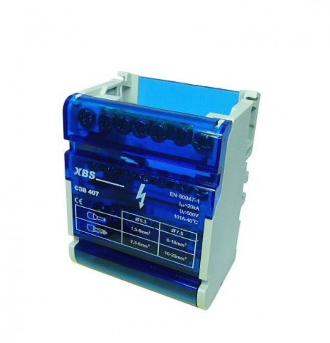 Distribuitor conexiuni 4 poli cu 7 gauri 100A 500V 65x51x88mm prindere pe sina DIN [1]