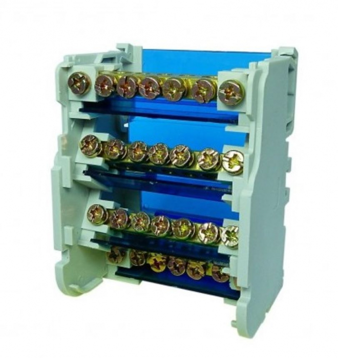 Distribuitor conexiuni 4 poli cu 7 gauri 100A 500V 65x51x88mm prindere pe sina DIN [2]