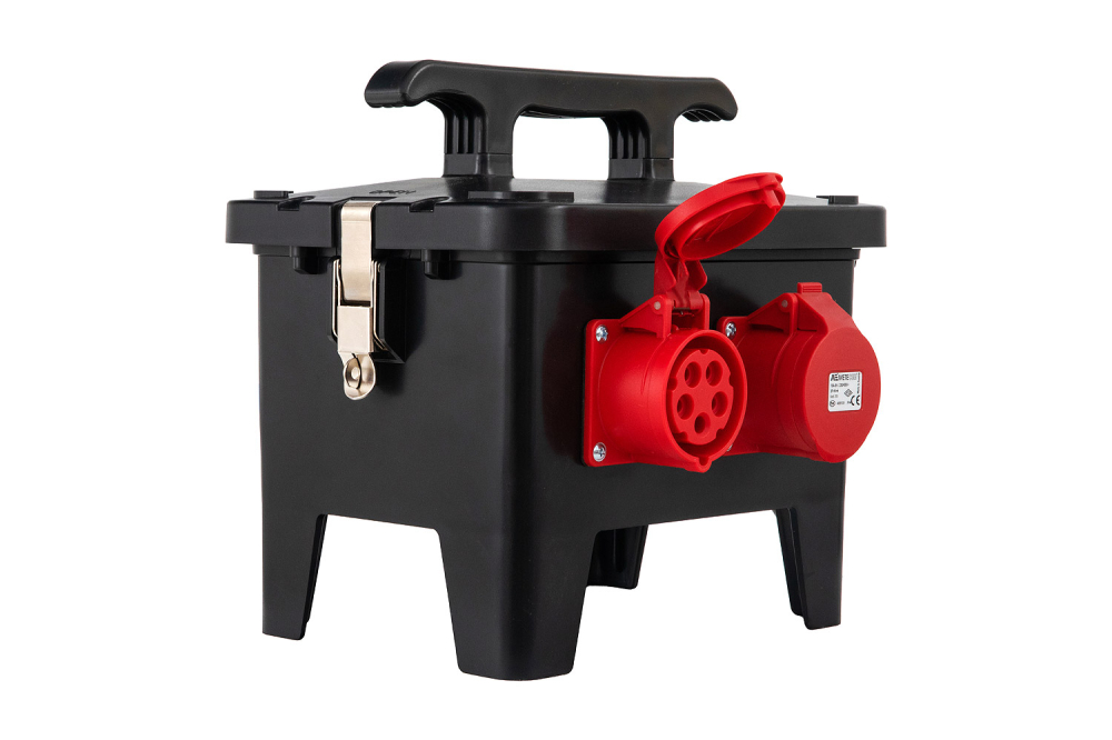 Distribuitor de curent, organizare de santier cu 2 prize 5 poli 16A si 4 prize 230V schuko, cu sigurante Schneider, intrare 2m cablu H07RN-F 5G4 si fisa 5 poli 32A si protectie diferentiala, IP44 [8]