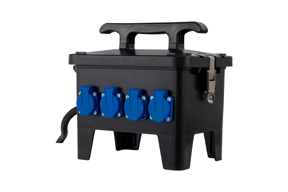 Distribuitor de curent, organizare de santier cu 2 prize 5 poli 16A si 4 prize 230V schuko, cu sigurante Schneider, intrare 2m cablu H07RN-F 5G4 si fisa 5 poli 32A si protectie diferentiala, IP44 [10]
