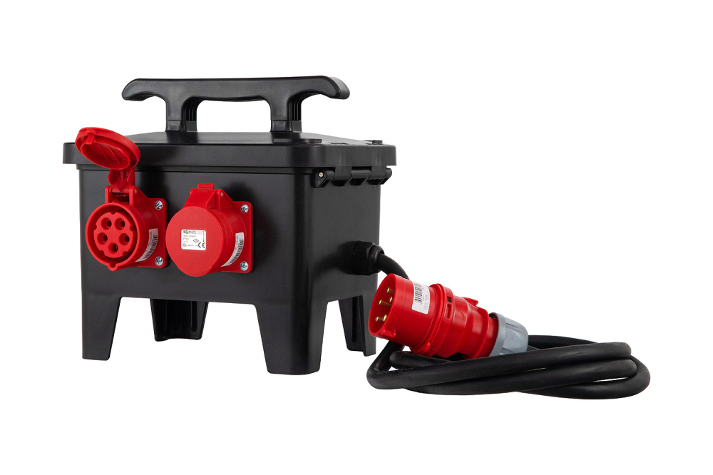 Distribuitor de curent, organizare de santier cu 2 prize 5 poli 16A si 4 prize 230V schuko, cu sigurante Schneider, intrare 2m cablu H07RN-F 5G4 si fisa 5 poli 32A si protectie diferentiala, IP44 [5]