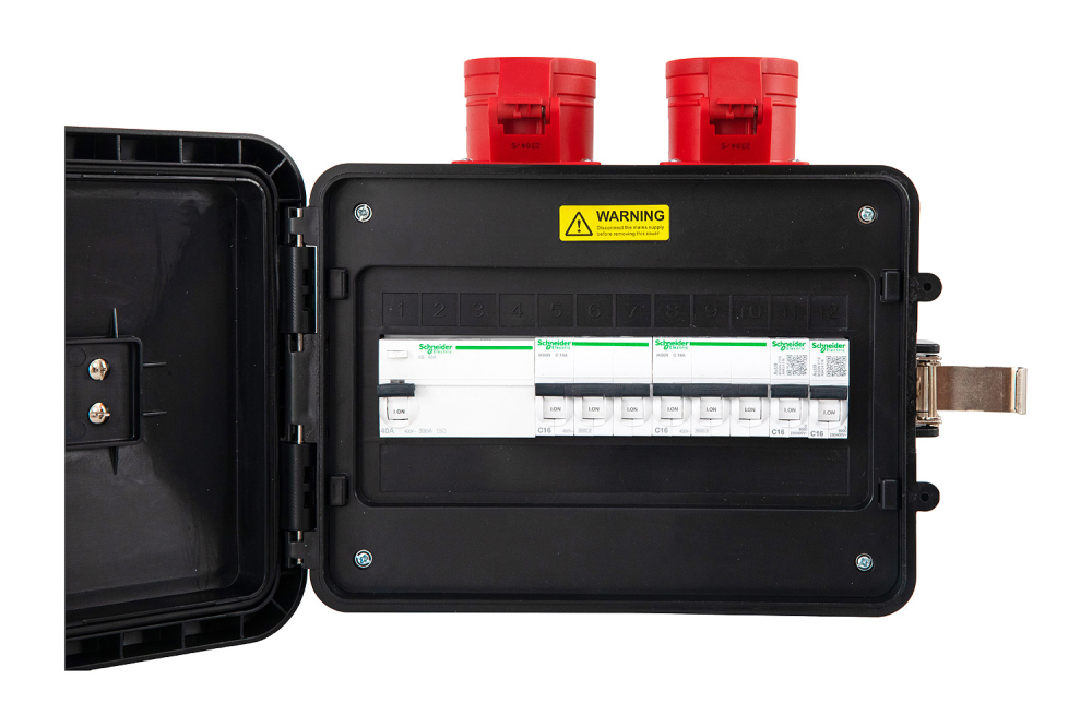 Distribuitor de curent, organizare de santier cu 2 prize 5 poli 16A si 4 prize 230V schuko, cu sigurante Schneider, intrare 2m cablu H07RN-F 5G4 si fisa 5 poli 32A si protectie diferentiala, IP44 [13]