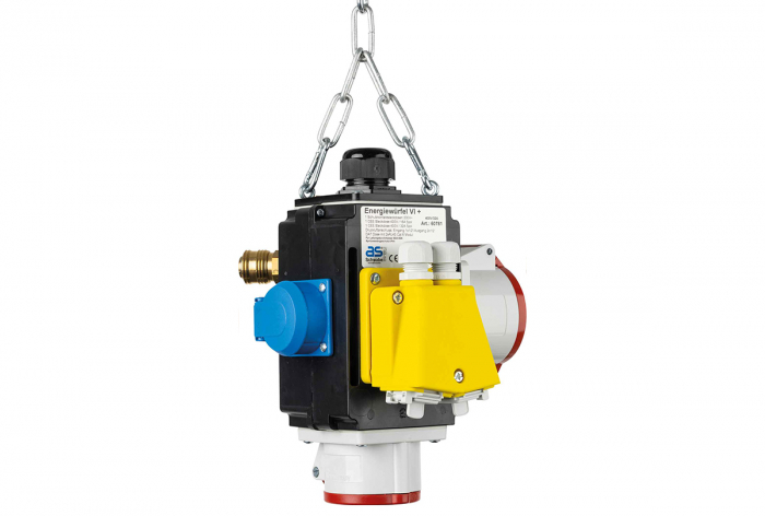 Distribuitor de energie suspendat cu 1 priza trifazica 400V 5 poli 16A 1 priza trifazica 400V 32A 5 poli si 1 prize monofazica schuko IP44 cu conexiune la aer comprimat si conexiune de date [1]