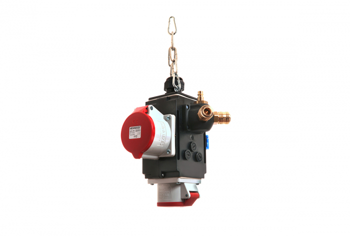 Distribuitor de energie suspendat cu 1 priza trifazica 400V 5 poli 16A 1 priza trifazica 400V 32A 5 poli si 1 prize monofazica schuko IP44 cu conexiune la aer comprimat [1]