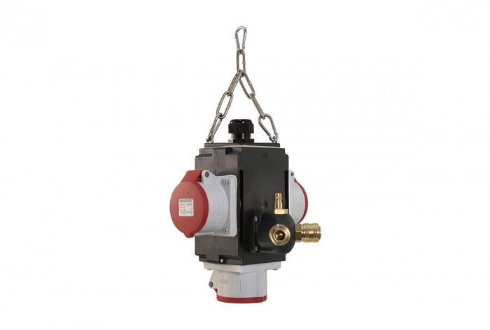 Distribuitor de energie suspendat cu 2 prize trifazice 400V 5 poli 16A 1 priza trifazica 400V 32A 5 poli IP44 cu conexiune la aer comprimat [1]