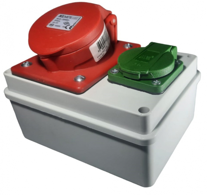 Doza aplicata precablata echipata cu 1 priza 5 poli 3P+N+E 16A 400V si 1 priza schuko 16A 230V IP44 150x110mm [9]