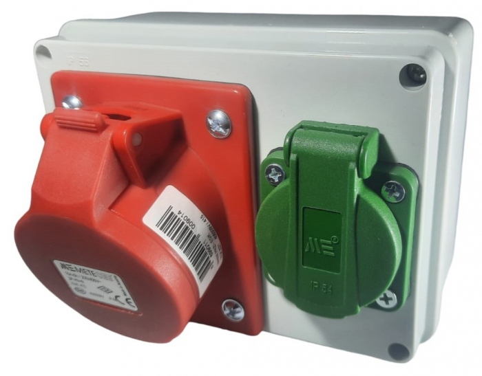 Doza aplicata precablata echipata cu 1 priza 5 poli 3P+N+E 16A 400V si 1 priza schuko 16A 230V IP44 150x110mm [10]