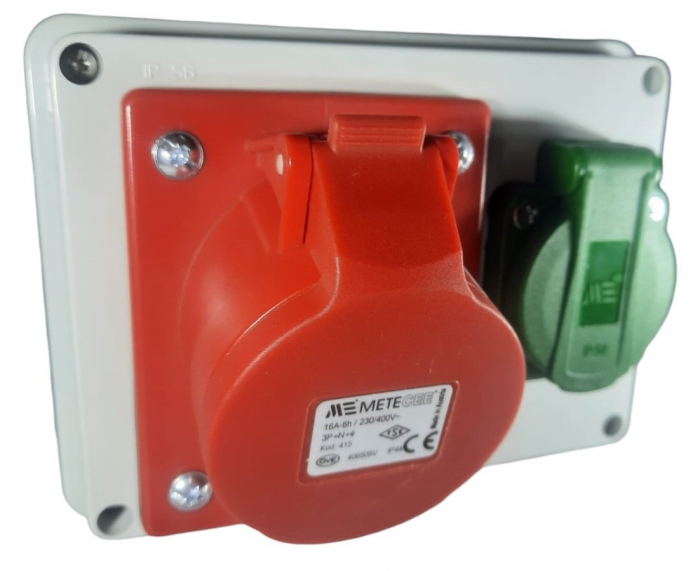 Doza aplicata precablata echipata cu 1 priza 5 poli 3P+N+E 16A 400V si 1 priza schuko 16A 230V IP44 150x110mm [7]
