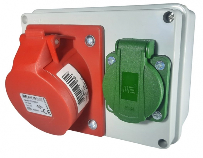 Doza aplicata precablata echipata cu 1 priza 5 poli 3P+N+E 16A 400V si 1 priza schuko 16A 230V IP44 150x110mm [1]
