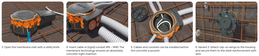 Doza pentru beton Primo XL 200, cu 25 de insertii M9 - M40, material PP, membrama TPE, cu tunel pentru transformator 377x120mm, diametrul de instalare spot/difuzor 0–185 mm, antracit-portocaliu [8]