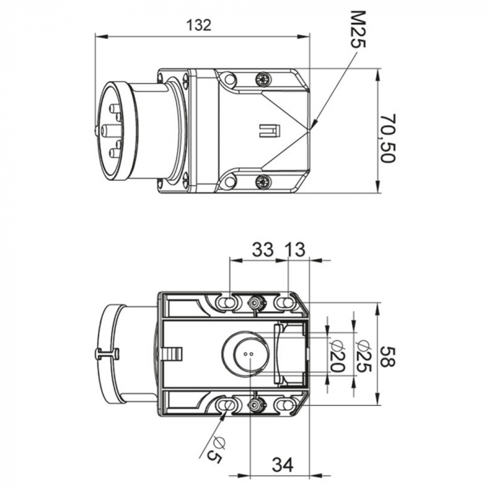 Fisa stecher 5 poli 3P+N+PE 32A 6h 380V IP44 trifazic CEE montaj aplicat [2]