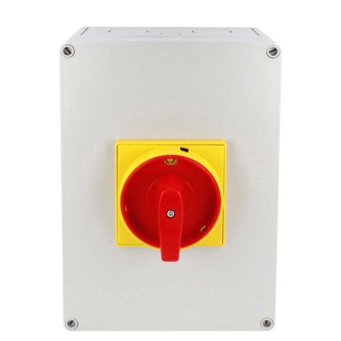 Intrerupator 125A 37kw 0-1 ON-OFF 3 poli IP65 254x180mm cu came industrial aplicat casetat cu maner galben rosu [2]