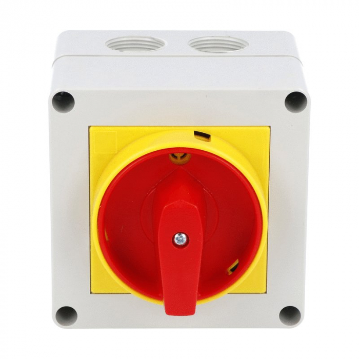 Intrerupator 20A 5.5kw 0-1 ON-OFF 3 poli IP65 75x75mm cu came industrial aplicat casetat cu maner galben rosu [2]
