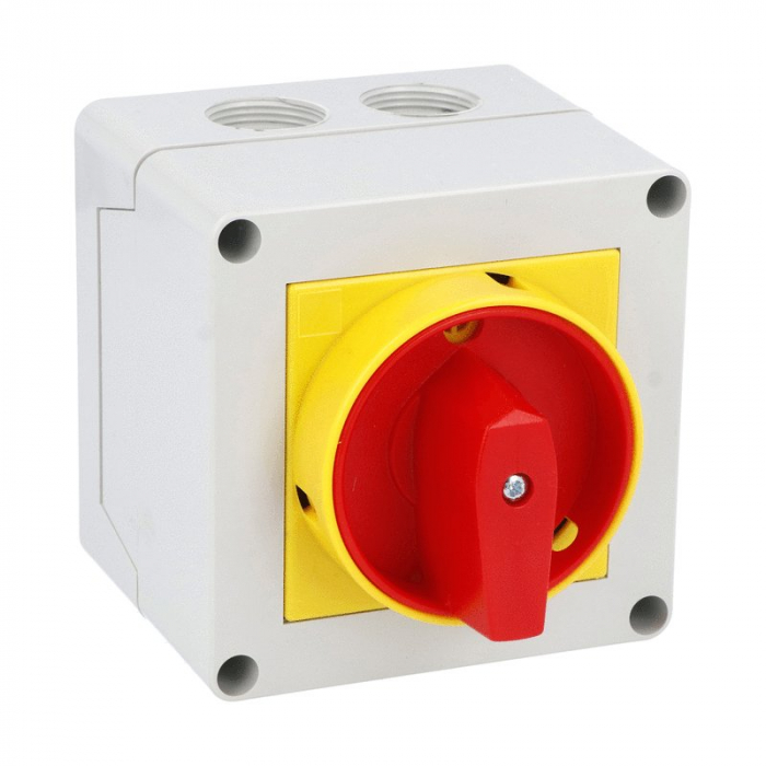 Intrerupator 20A 5.5kw 0-1 ON-OFF 3 poli IP65 75x75mm cu came industrial aplicat casetat cu maner galben rosu [1]