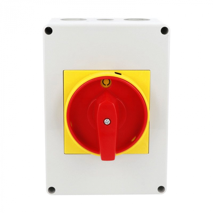 Intrerupator 63A 18.5kw 0-1 ON-OFF 3 poli IP65 125x175mm cu came industrial aplicat casetat cu maner galben rosu [2]