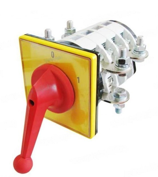 Intrerupator industrial cu came incastrabil Koncar ON-OFF 3P 400A 0-1 IP40 cu placa galbena de urgenta 132x132mm si maner rosu [1]