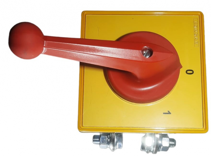 Intrerupator industrial cu came incastrabil Koncar ON-OFF 3P 400A 0-1 IP40 cu placa galbena de urgenta 132x132mm si maner rosu [7]