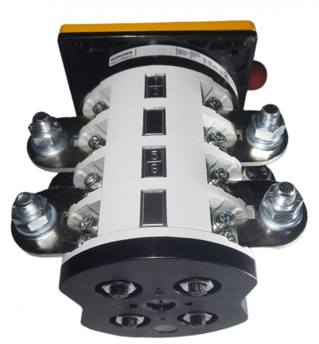 Intrerupator industrial cu came incastrabil Koncar ON-OFF 3P 400A 0-1 IP40 cu placa galbena de urgenta 132x132mm si maner rosu [3]
