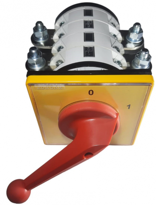 Intrerupator industrial cu came incastrabil Koncar ON-OFF 3P 400A 0-1 IP40 cu placa galbena de urgenta 132x132mm si maner rosu [2]