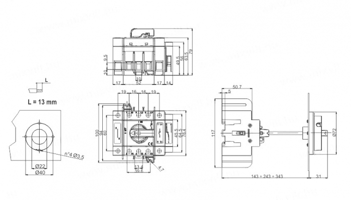 Intrerupator modular rotativ 3 poli 100A 0-1 ON-OFF IP20 montaj pe sina sau cu suruburi [2]